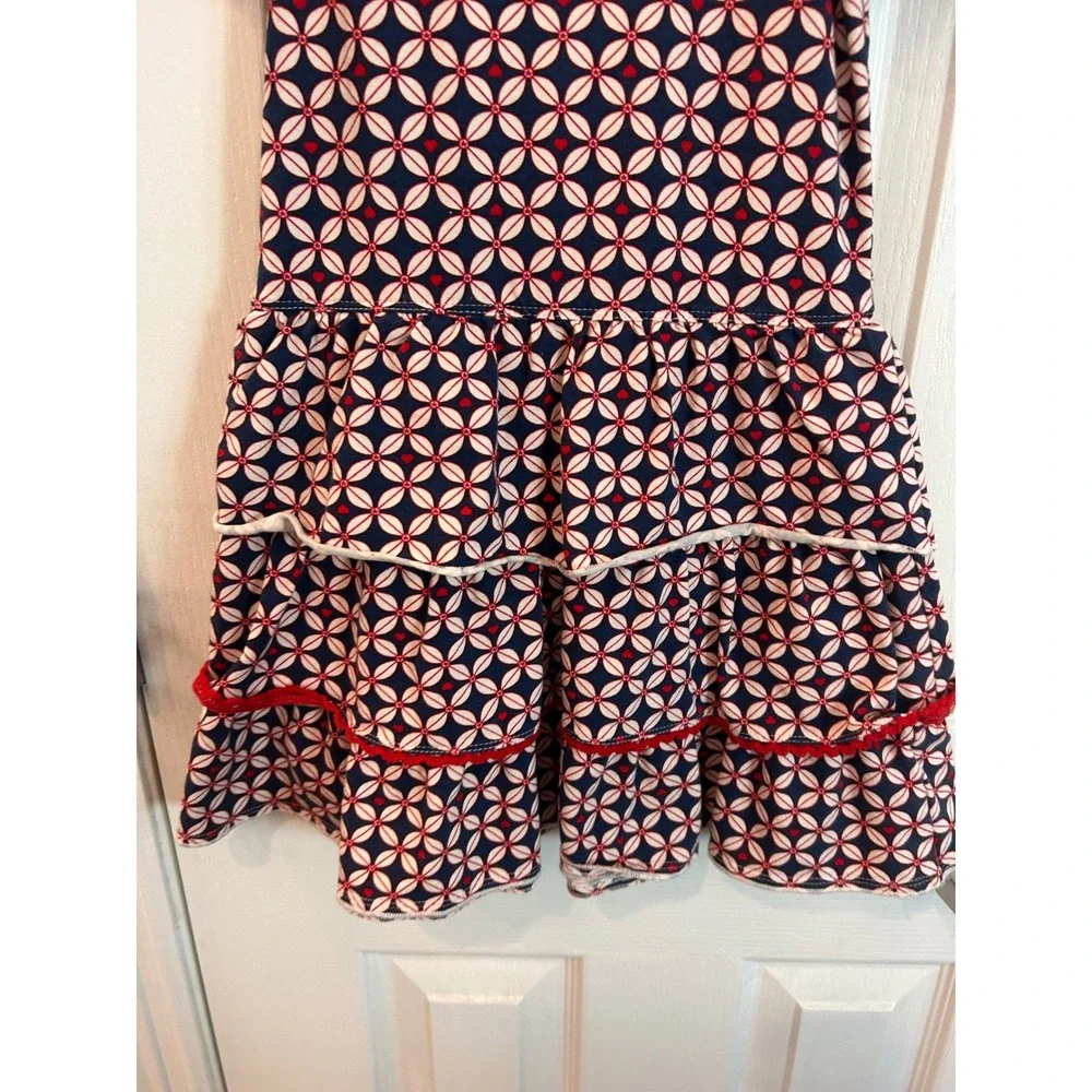 Mim-Pi Dress Navy Red Geometric Floral Heart Tiered Ruffle Flutter Sleeve 110
